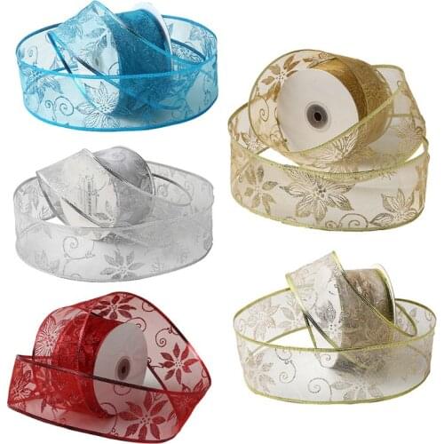 50 Yards/roll Flower Glitter Sheer Wired Christmas Ribbon for Wedding Party Xmas Tree Decoration DIY Bow Craft