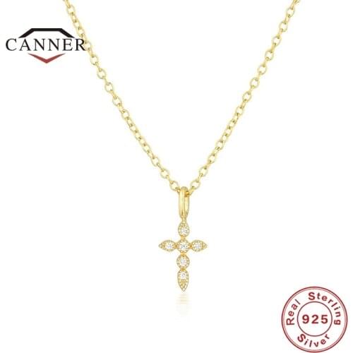 CANNER Real 925 Sterling Silver INS Style Cross Diamond Zircon Necklace for Women Choker Necklaces Chain Fine Jewelry Collares