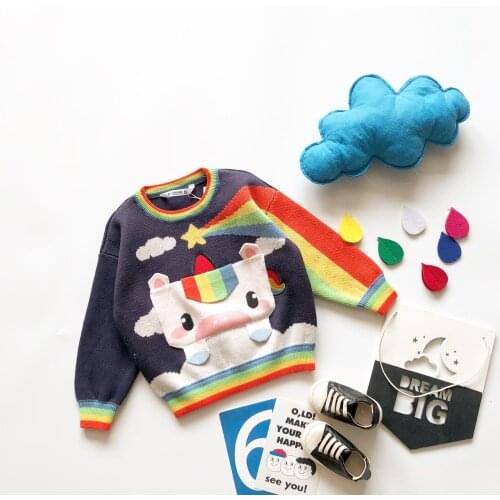 Tonytaobaby Childrens Autumn Sweater Boys and Girls Pure Cotton Knitting Rainbow Big Pocket Cute Cartoon