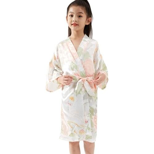 Girls' Peony Flower Satin Kimono Wrap Sleepwear White Robe Bathrobe Short