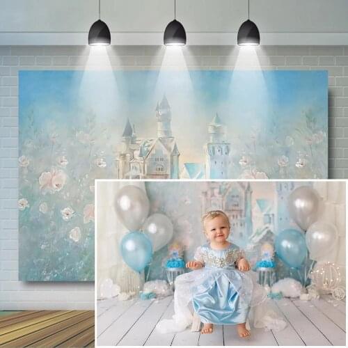 Fairy Blue Castle Backdrop Newborn Baby Flower Portrait Photography Background Girls 1st Birthday Party Decoration Prop