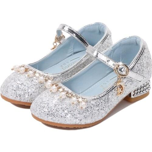 Girls Leather Shoes New Girls Pearl Bright Rhinestone Shoes Fashion Childrens High-heeled Princess Shoes 2021 E663