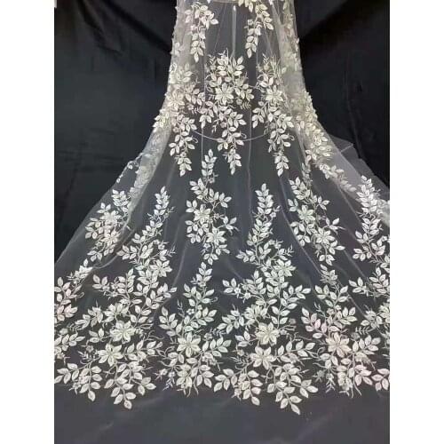 Beautiful Wedding Dress Lace Fabric Sequin Embroidery 3D Leaves With Beads DIY Design Skirt Sewing Cloth 5 Yards Wholesale