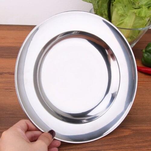 Stainless Steel Round Dinner Plate Dish Tray Food Container Outdoor Camping Picnic Tableware 16-24cm