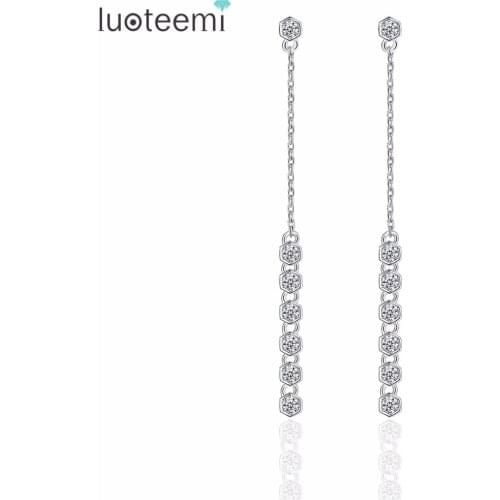 LUOTEEMI Brand New Elegant Drop Earrings Link Chain with Round CZ Crystal Pendant Dangle Jewelry for Women Wedding Long Brincos