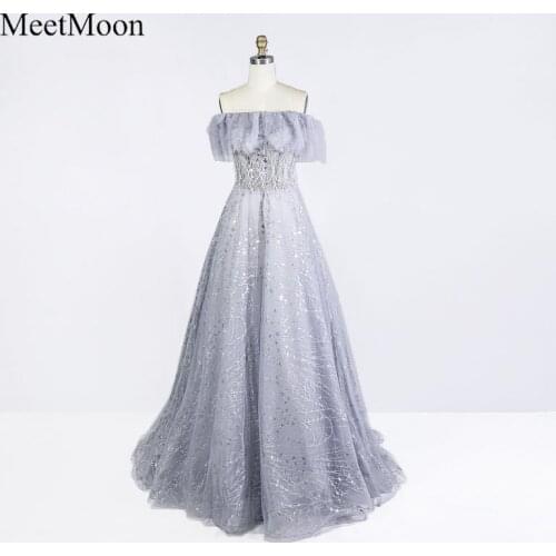 MeetMoon Bling Bling Sequined Off Shoulder Illusion Bodice A-line Evening Dress Long Formal Party Gown Robe De Soiree ME007