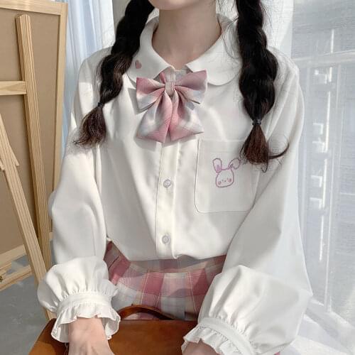 Sweet Lolita Style Blouses Women Solid Turn-Down Collar JK Shirts Japanese Girls Cute Rabbit Embroidery Long Sleeve Blusas Mujer