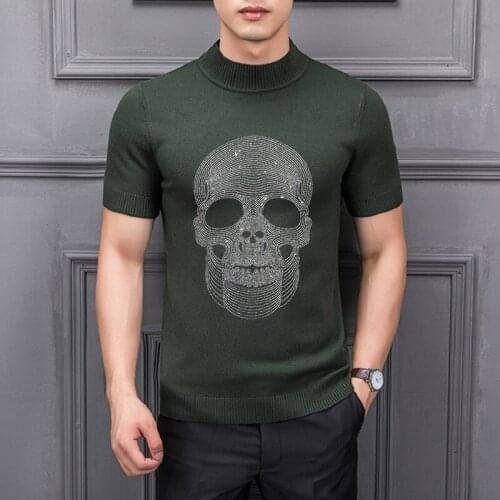 New Hot Rhinestone Skull Character Mens Turtleneck Sweater Loose Short Sleeve Summer High Quality Knitted T-Shirt