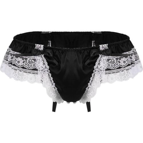 Men Sissy Shiny Soft Satin Panties Sexy Double Layers Floral Lace Back with Big Bowknot Lingerie Low Rise Bikini Thong Underwear