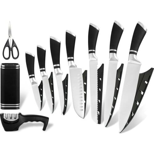 XYj Stainless Steel 3Cr13 Sharp Blade Black Handle Chef Knife Set Magnet Knife Holder Scissor Set Sharpener Bar Cooking Tools
