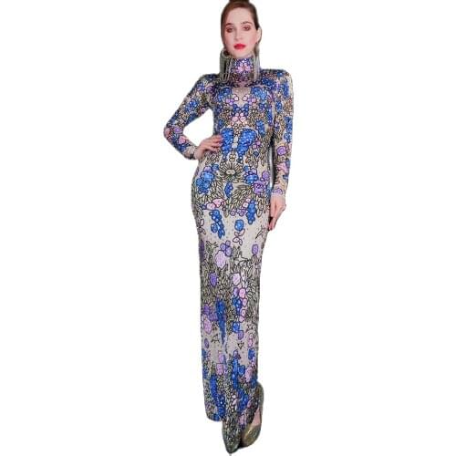 Birthday Prom Outfit Evening Women Dancer Singer Vintage Long Stretch Dress Sexy Blue Crystal Rhinestone Wedding Paery Dresses
