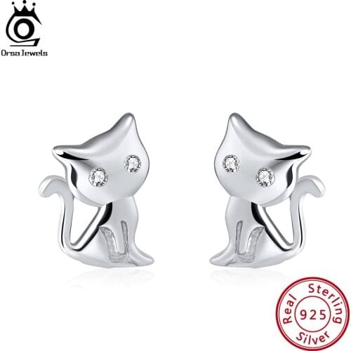 ORSA JEWELS Women Stud Earrings Cat Shape 925 Sterling Silver Romantic 11 MM Cats Earring Female Club Party Jewelry Gift SE107