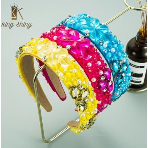 2021 Exquisite Baroque Colorful Crystal Flower Headband Elegant Simulated Pearl Beaded Solid Color Hairband Girls Party Headwear