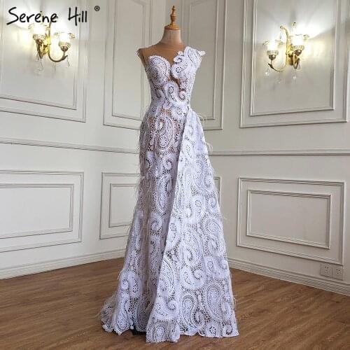 Serene Hill White Mermaid Overskirt Evening Dresses Gowns 2021 Lace Feather Elegant Formal Women Party LA71143