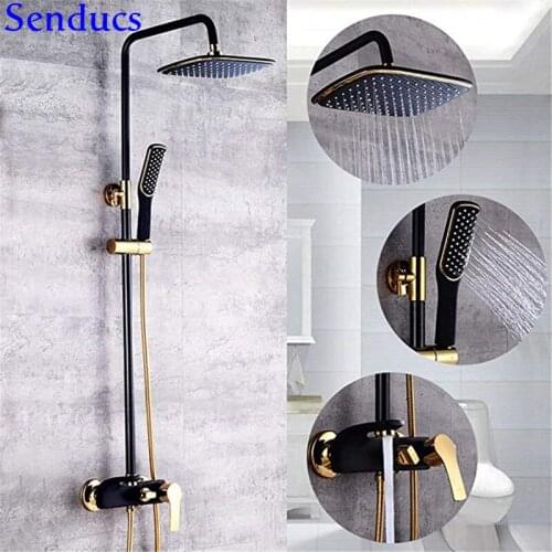 The Bathrooms Fixing System Thermostatic Hot Cold Black and Gold Bathroom Shower Set Multifunctional Shower Head