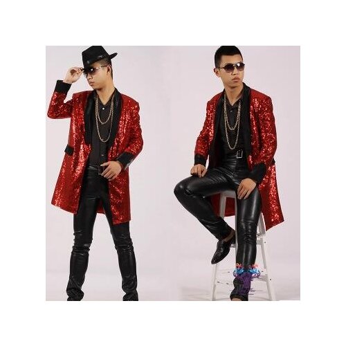 Medium long trench coat men overcoat splice mens sequins clothing outerwear casaco masculino singer dance stage style dress red