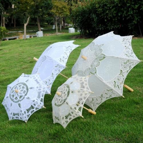Handmade Vintage Ivory&White Wooden Handle Battenburg Lace Bamboo Parasol Umbrella For Lady F20173408