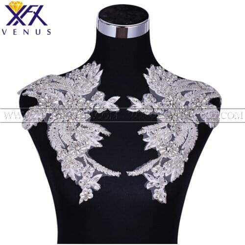 XFX VENUS 1 Pair Rhinestones crystal bodice applique Decorative Bodycon Patches Bridal Long Trim Patch for wedding Dress