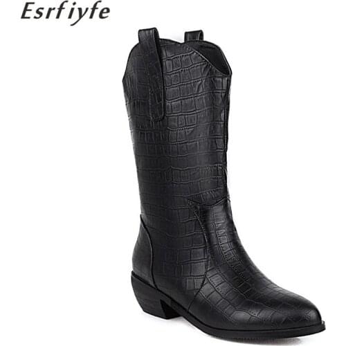 ESRFIYFE New Fashion Stone Grain Autumn Winter Calf Boots Women Thick Heel Outdoor Chelsea Work Boots Warm Non Slip Snow Botas