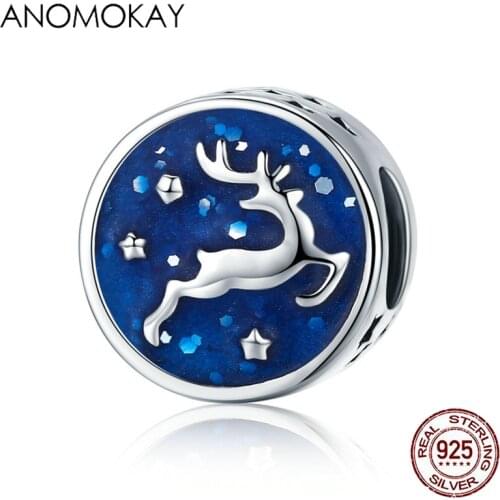Anomokay Lovely Deer Charms S925 Sterling Silver Bead Bracelets for Women Men Dark Blue Starry Sky Beads for DIY Jewelry Making