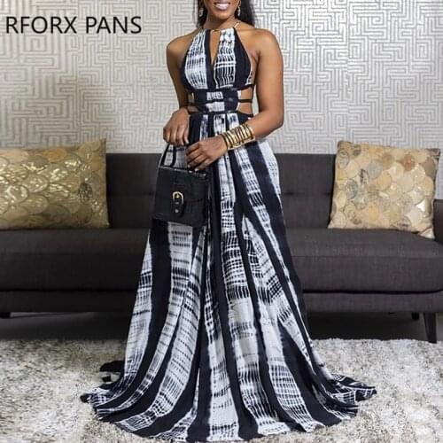 Women Dress Colorblock Halter Cutout Waist Tie Dye Print Backless Maxi Dress Sexy Party Dress