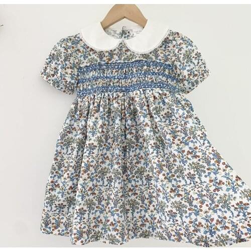 2021 Summer Girls Printed Dress Short Sleeve Bow Cotton Floral Vestido Peter Pan Collar Kids Clothes DT423