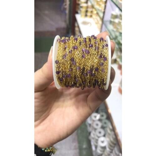 3M/packs Copper semiprecious stone jewelry making chain, amyst crystal gold plated flat gems beads connector findings