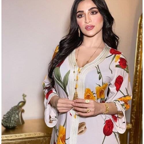 AB007 Elegant White Abaya Long Sleeves Muslim Islamic Clothing For Women To Pray Eid Dresses For Women Beautiful Print Flower