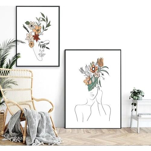 Abstract Woman Line Drawing Poster Illustration Flower Girl Painting Botanical Art Print Geometric Wall Picture for Living Room