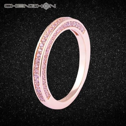 CHENZHON Silver 925 Women Rings Classic Pink Cubic Zirconia Finger Fine Jewelry Rose Gold Color Gift Box Pack Date Wedding Ring