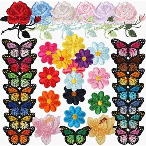 Decorative Cloth Patches Pack Cartoon Embroidery Stickers Butterfly Iron on Patch Rose Lotus Thermo Adhesive Clothes Appliques