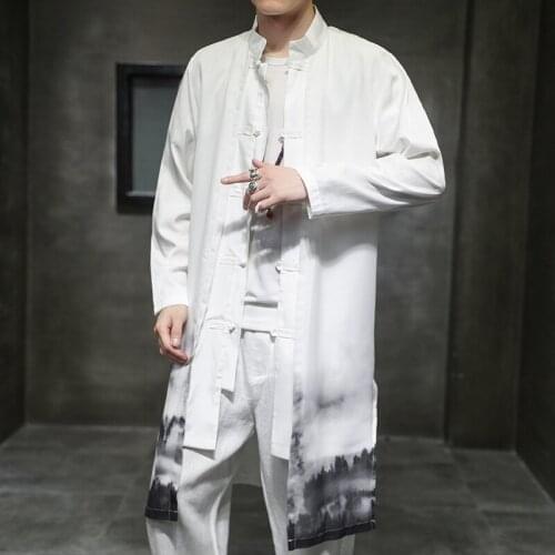 Long Jacket Chinese Ethnic Men Style Windbreaker Ink Printing Outfits Hanfu Style Long Jacket Mens Windbreaker Fashion Trend