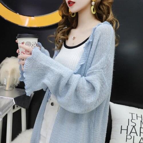 Spring Autumn Mid-Length Pure Color Thin Knitting Cardigan Womens 2021 New Korean Fashion Loose Long Sleeve Sweater Coat Female