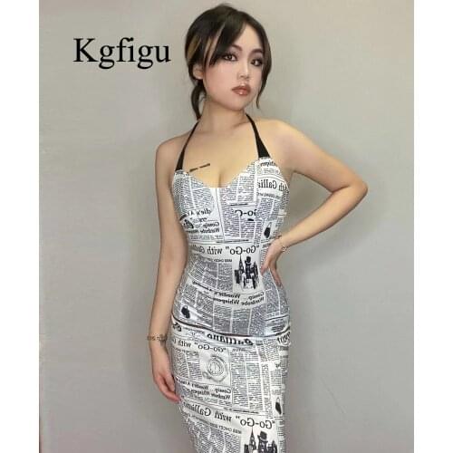 KGFIGU 2021 Summer Print Letter Party Dresses Women Sexy Bodycon Slim Club Mid Calf Vestidos Lady Casual Sleeveless Robes