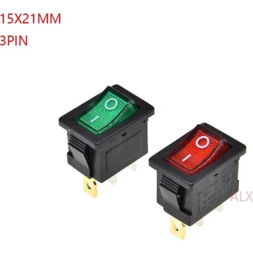 10PCS KCD1 3PIN red green with light Push Button rocker Switch ON/OFF power switches 6A/250V 10A/125V 15*21MM 15*21 3 pin