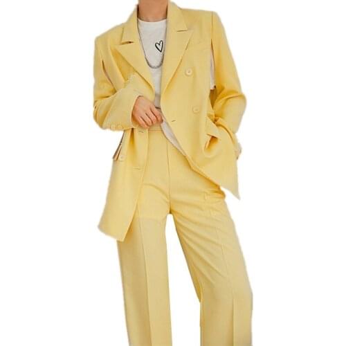 Casual Double-breasted Yellow Women Blazer Suit Set Long Sleeve Women Pant Suits Office Ladies 2 Pieces Set Female Trouser Suit