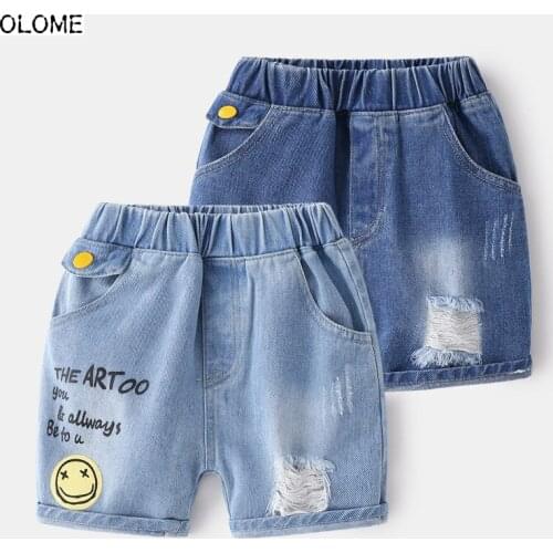 OLOME Denim Summer Children Short Pants Smiling Face Girls and Boys Trousers Unisex Aging Treatment Casual Kids Shorts