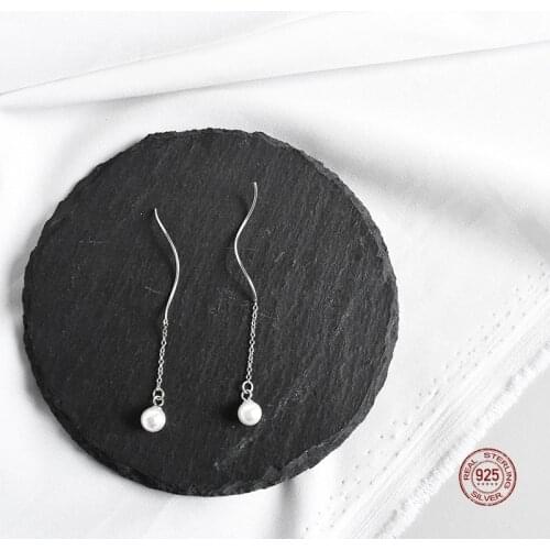 LKO 925 Sterling Silver Simple Pearl Wave Tassel Drop Earrings for Women Wedding Party Delicate Generous Jewelry Ornaments