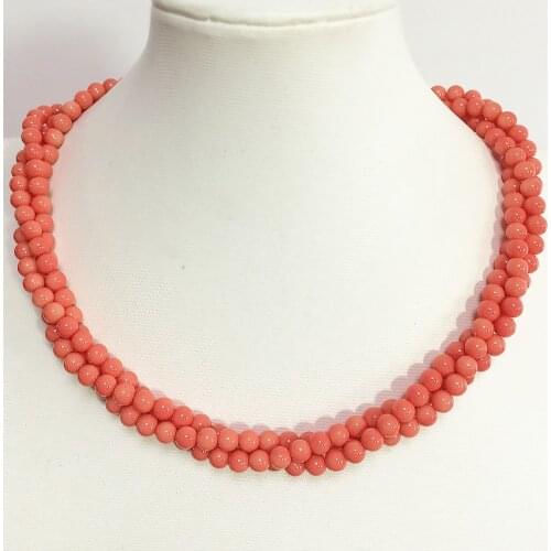Trendy pink orange artificial coral 6mm round beads 3rows beautiful necklace women charms necklace jewelry 18inch B1513