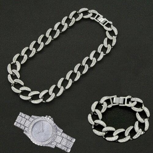 3pcs Kit Hip Hop 19MM Full Iced Out Paved Rhinestone Choker Curb Cuban Rapper Necklace+Watch+Bracelet For Men Women Jewelry