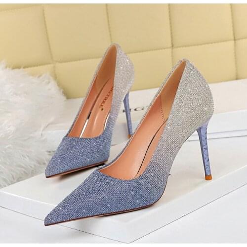 New Fashion Plus Size Sexy Club 9.5cm Thin High Heels Ladies Pointed Toe Blingbling Female Pumps Wedding Office Women Shoes34-43