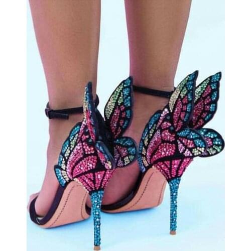 New Arrival Rhinestone Sandals Stiletto Heel Buckle Strap Printed Mirror Leather Multicolored Butterfly Sandals Female Shoes