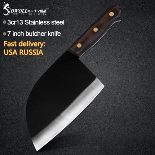 Sowoll Butcher Cleaver 7'' INCH High Carbon Steel Full Tang Chef Cooking Knife Slaughter Bone Cutter Slicer Wood Handle Tools