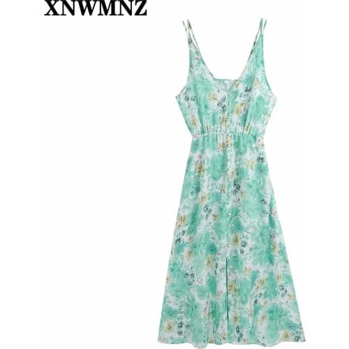 XNWMNZ 2021 Women Sexy Deep V Neck Green Floral Print Sling Dress Female Elastic Waist Boho Vestido Chic Casual Summer Dresses