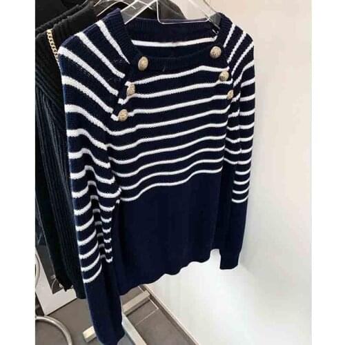 Pullover Ladies Wool Womens Striped Sweater Golden Lion Buttons Collar High Waist Pullover Sweater Blue And White
