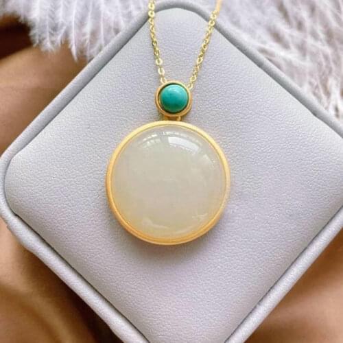 S925 Sterling Silver Gold-Plated round Egg Surface Pendant Hetian Jade White Jade Necklace Refined and Simple Fashionable All