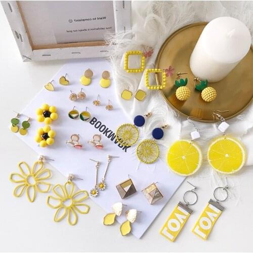 New yellow Flower Drop Earrings for Women Korean Sweet Flowers Round Geometric Female Pendant Earrings Temperament Gifts