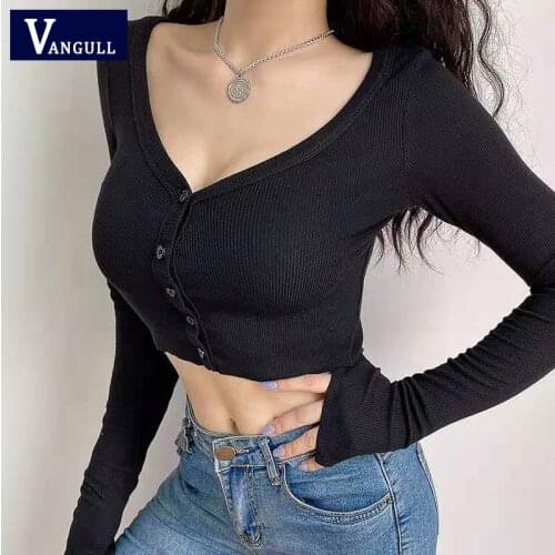 Vangull V-neck Sweater Long-sleeved Womens Tight-fitting Thin Casual Button Solid Small Cardigan Single Breasted Retro Short