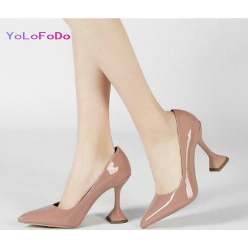 Plus Size 34-43 Patent PU Leather Women Pumps Fashion Pointed Toe Dress Women High Heel Shoes Spring Autumn Womans Shoes