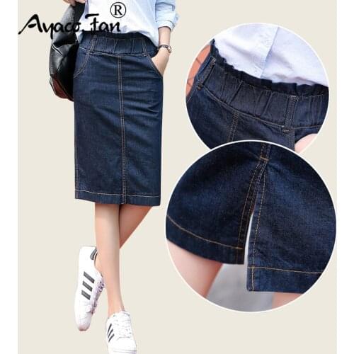 New 2019 Preppy Style Midi Pencil Jeans Skirt Women Fashion Elastic High Waist Office Sweet Lady Casual Bodycon Skirts Saias